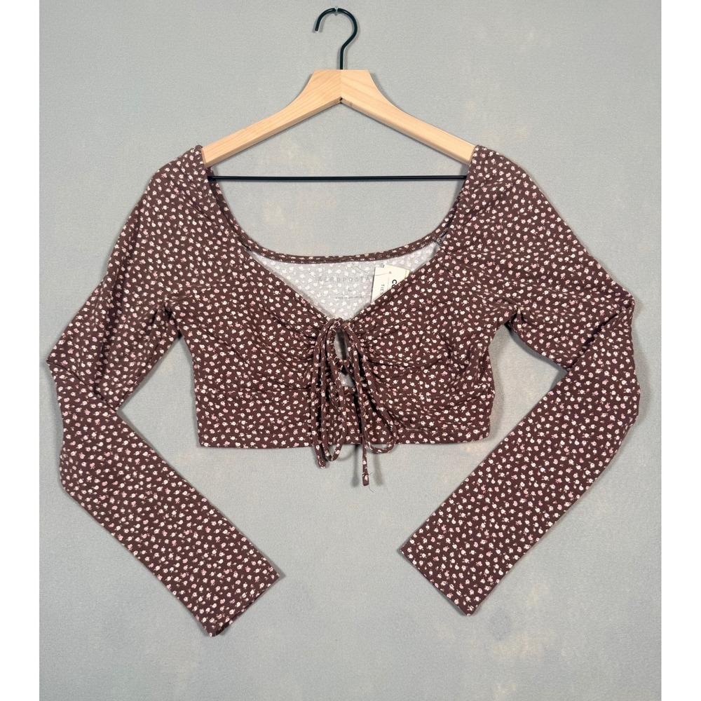 Aeropostale Womens Brown Floral Convertible Tie Front Crop Top Long Sleeve L NWT